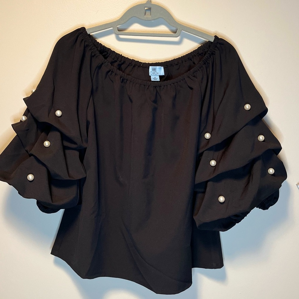 NWT CC off the shoulder black blouse with pearl detail on layered sleeve. Med.